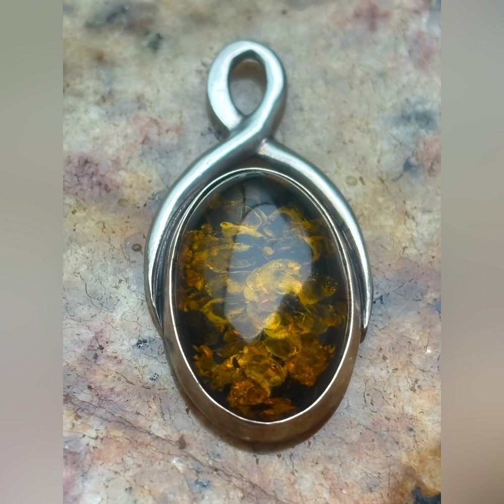 Genuine Baltic Green Amber • 925 Sterling Silver Modern Loop Pendant Inclusions